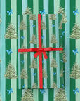 Blue Spruce and Bows Green Striped Wrapping Paper